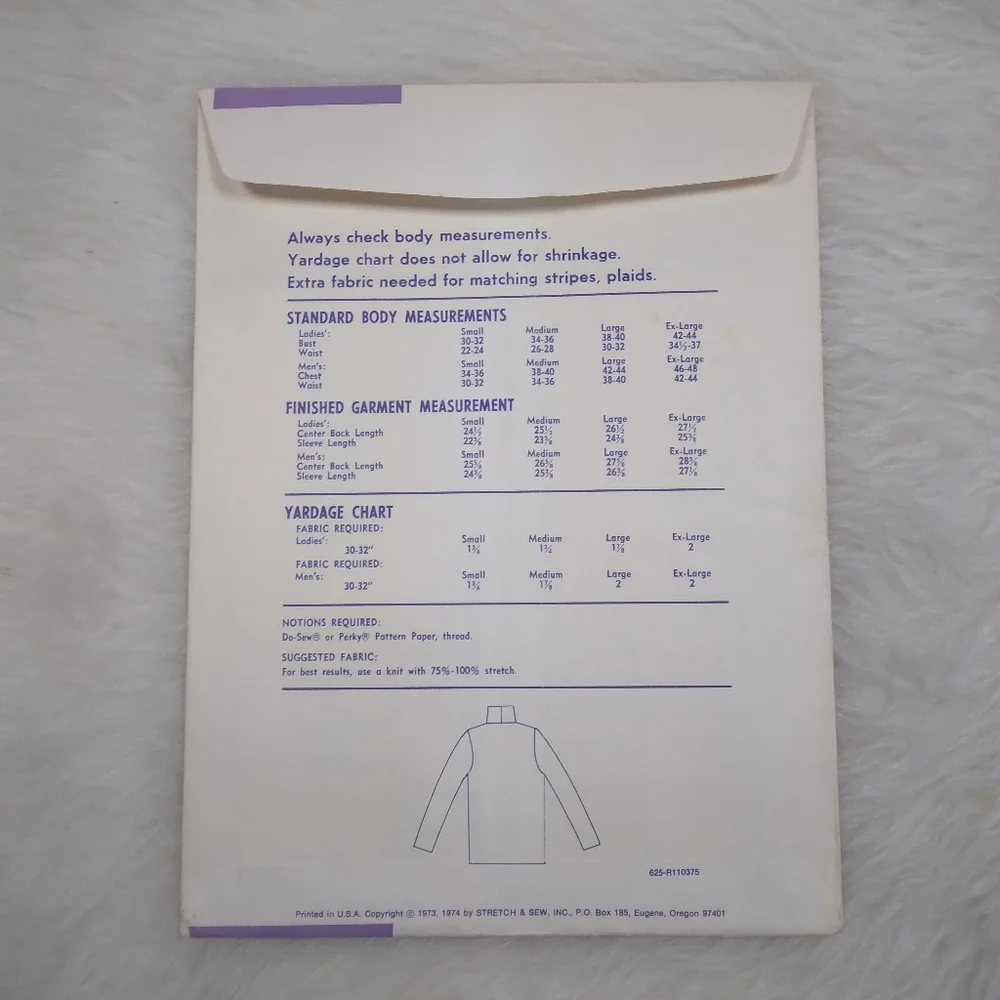 STRETCH & SEW 625 Sz S-XL Ladies' & Men's Set In Sleeve Turtleneck Sweater
